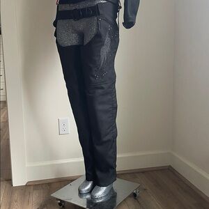 Black Heavy Duty Nylon Motorcycle Riding Chaps with Wing and Silver Accents